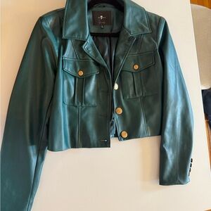 7 For All Mankind Dark Teal Leather Jacket with Gold Buttons
